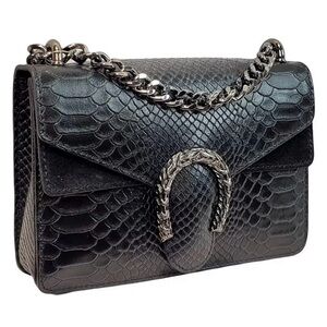 Black Croc Embossed‎ Textured Shoulder Bag with Chain Detail